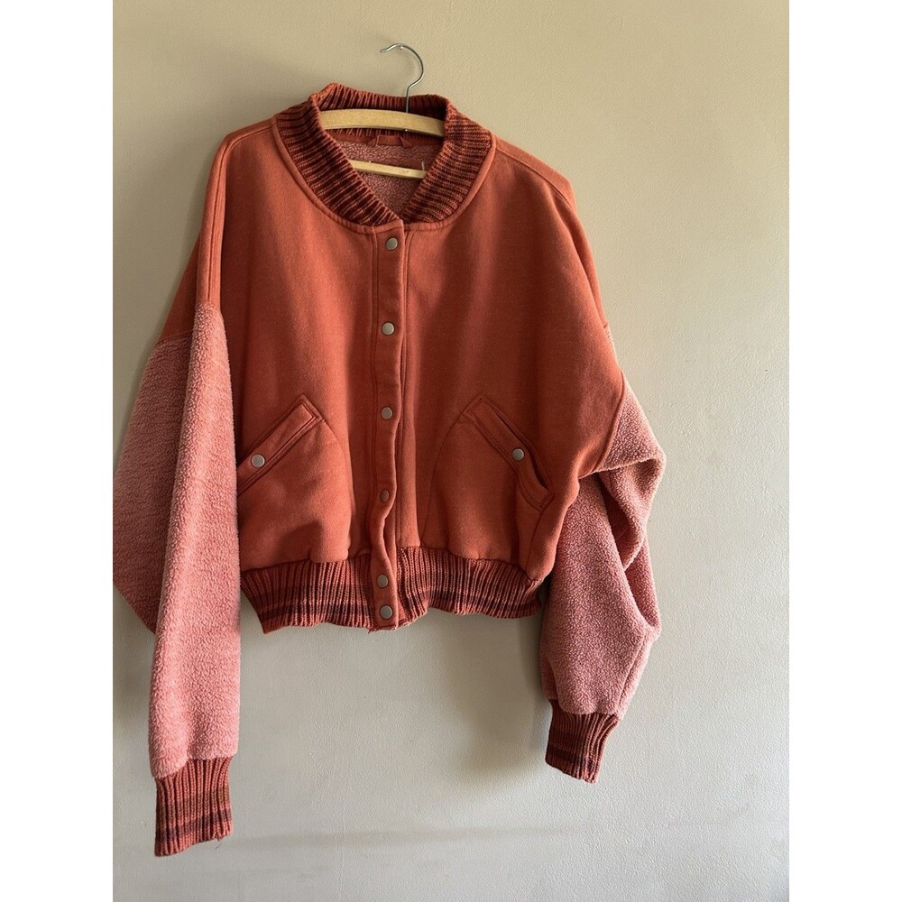 Free People Hollaback Bomber Jacket Snap Front Orange Spiced Brandy Sherpa Large - Picture 12 of 16